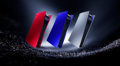The Volcanic Red, Cobalt Blue and Sterling Silver console covers for the PlayStation 5.