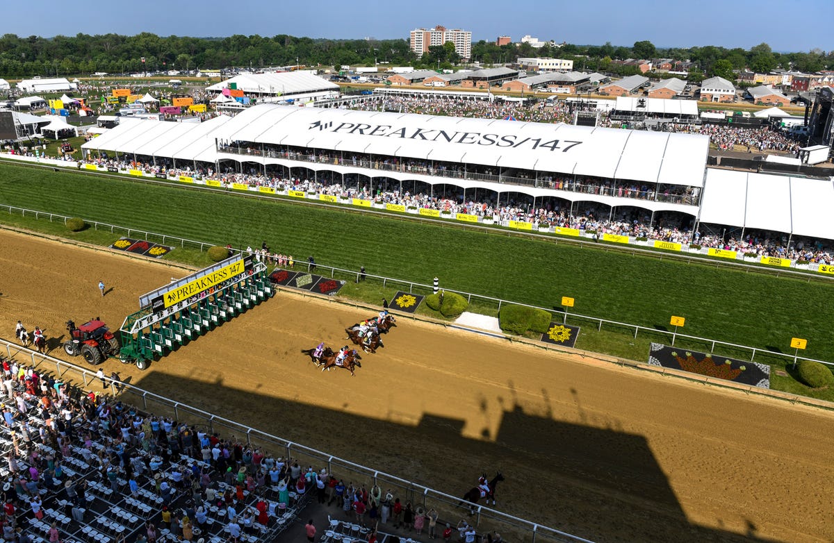 Aerial view of Pimlico Race Course in Baltimore, Maryland during the 2022 Preakness Stakes.