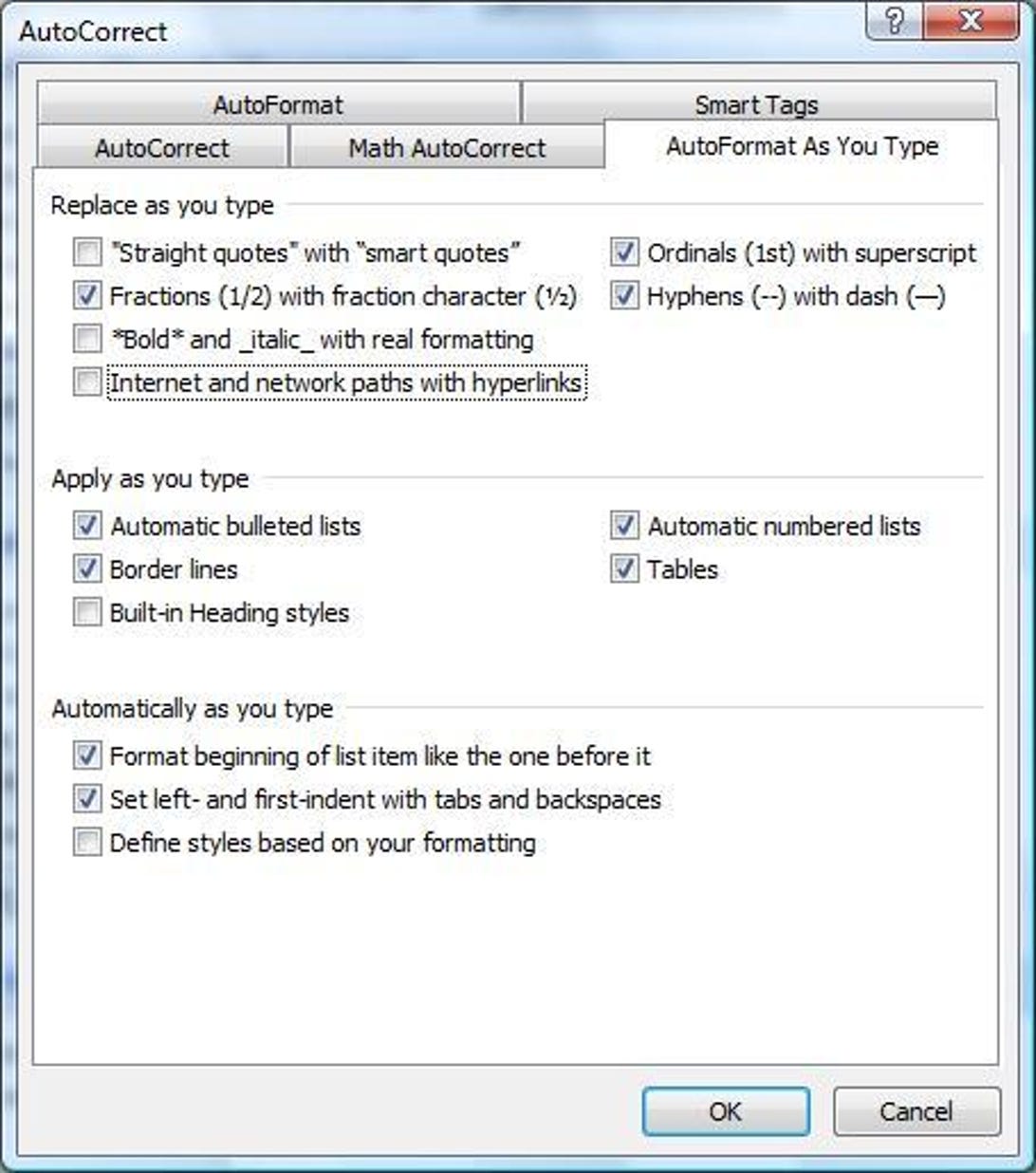 Microsoft Word 2007's AutoCorrect As You Type dialog box