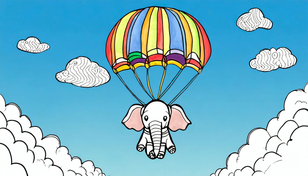 A parachuting elephant generated with Adobe Firefly's more whimsical doodle style