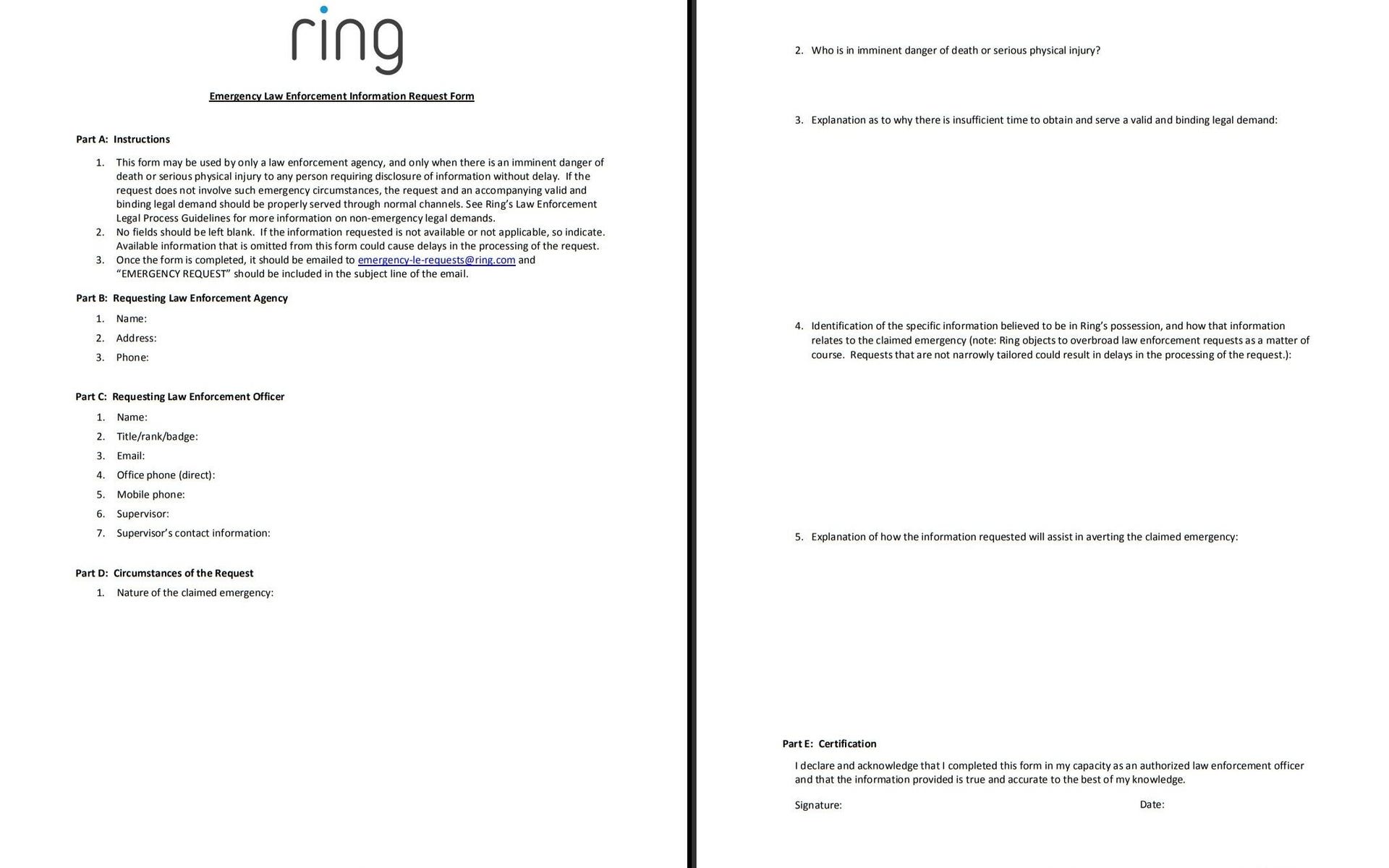 Ring's two-page form for emergency footage requests