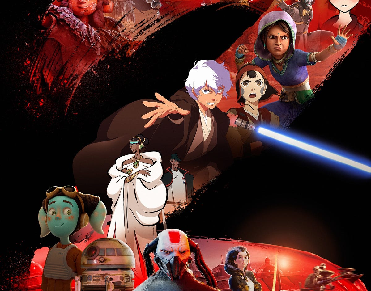 animated star wars characters cascade down on red shape with black background