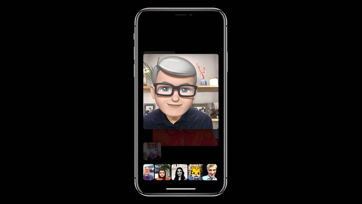 Apple CEO Tim Cook appears as a memoji -- an animoji AR self-portrait -- in a Group FaceTime chat at WWDC 2018.