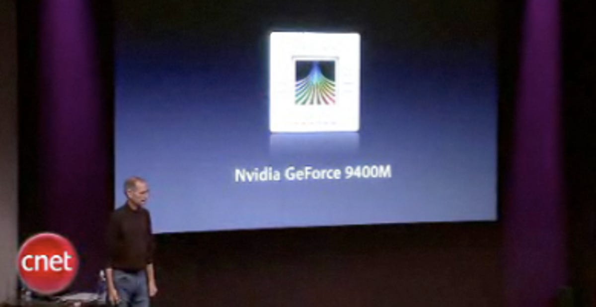Apple's Steve Jobs talks about new Nvidia 9400M graphics chip Tuesday.