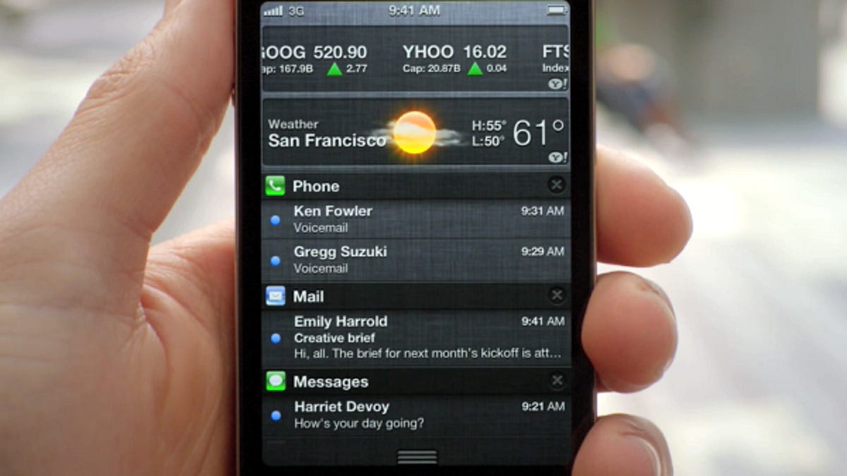 As with Android&apos;s notification bar, iOS 5 lets you swipe down to see your alerts.