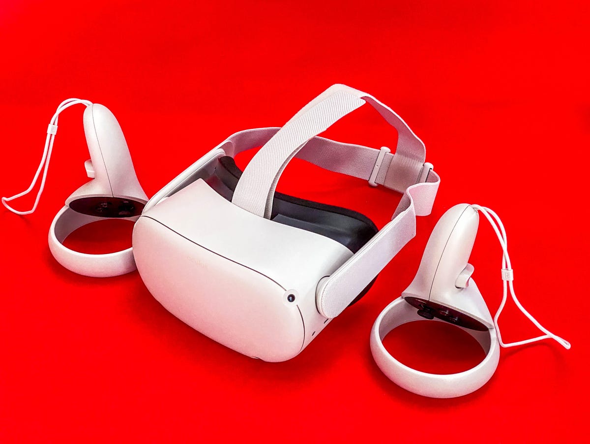 Oculus Quest 2device on red background
