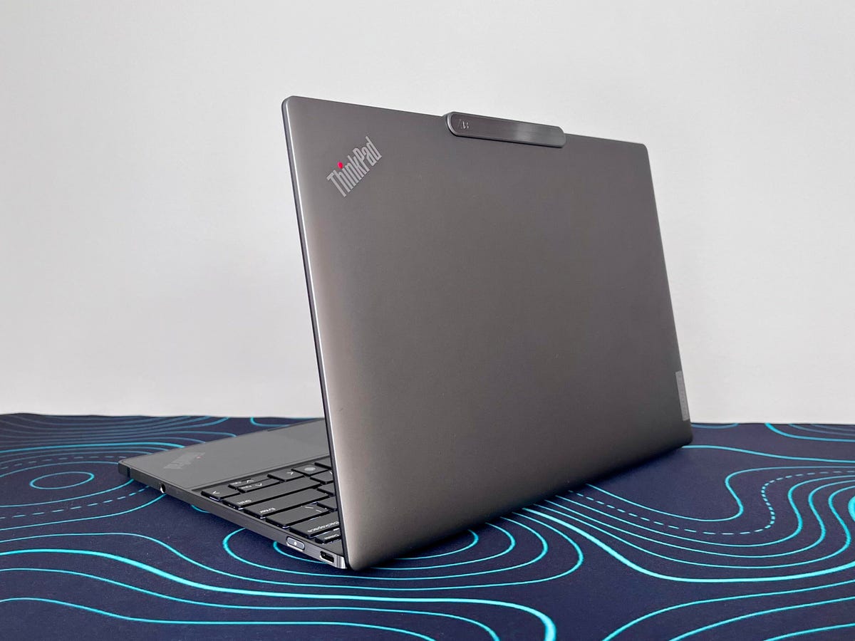 Lenovo ThinkPad Z13 Gen2 turned to show gray aluminum top cover
