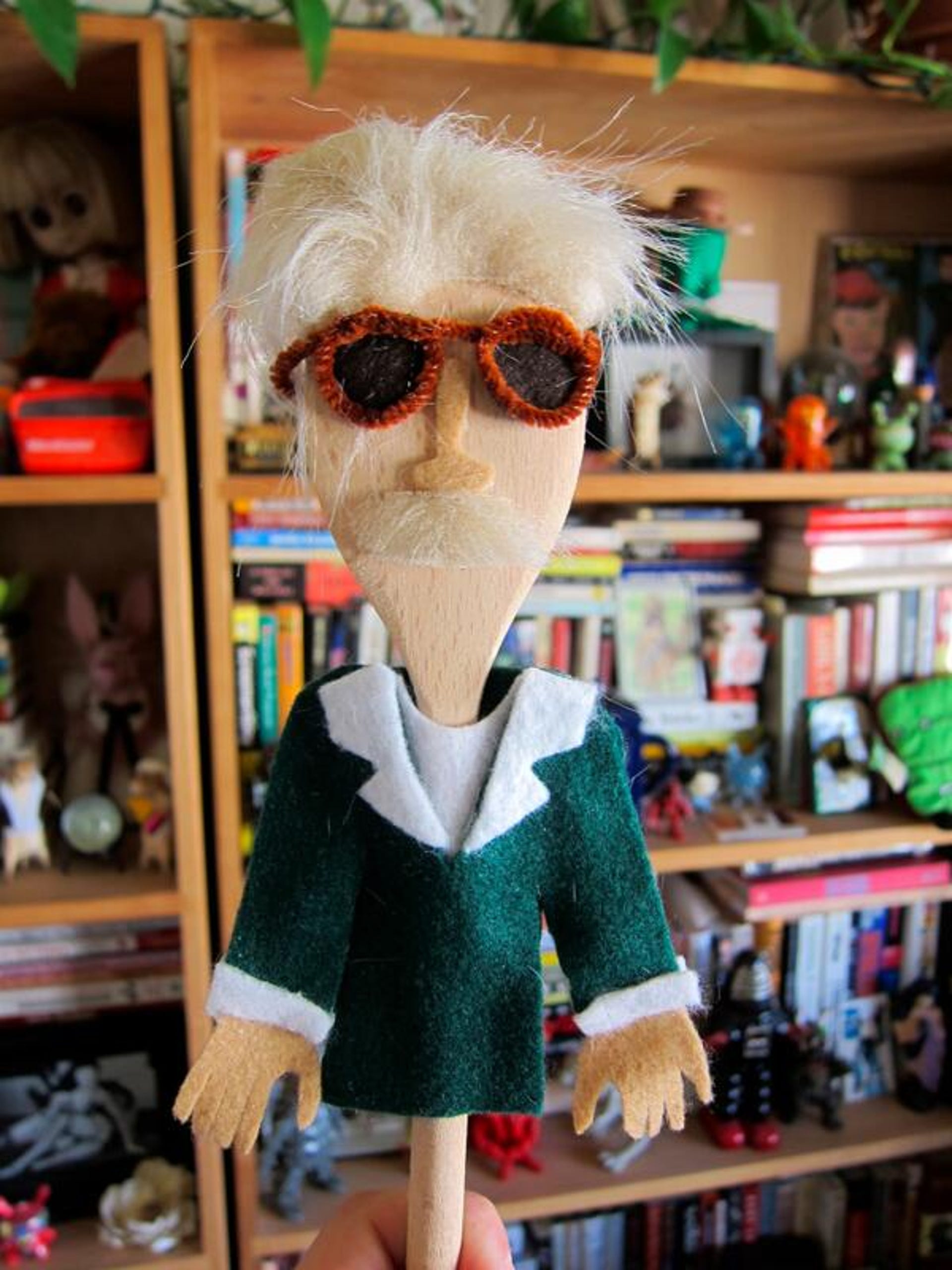 A homemade Stan Lee spoon puppet