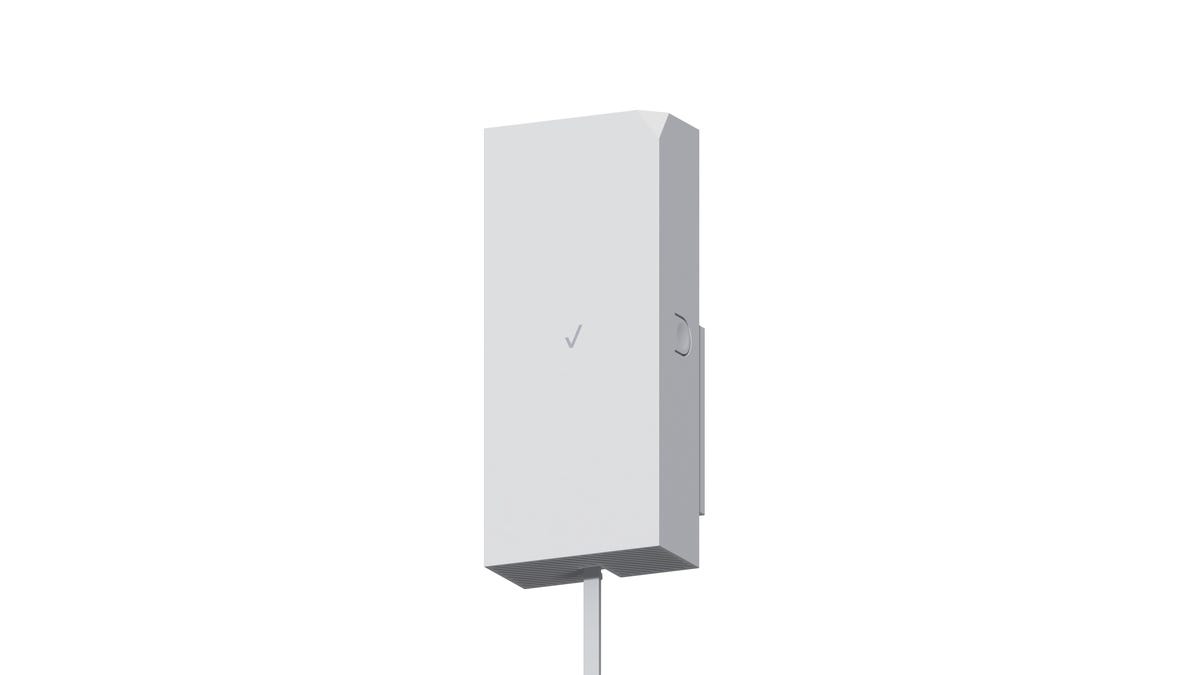 A 5G receiver from Verizon that looks like a slim rectangle with a subtle gray Verizon-brand check mark on the outside.