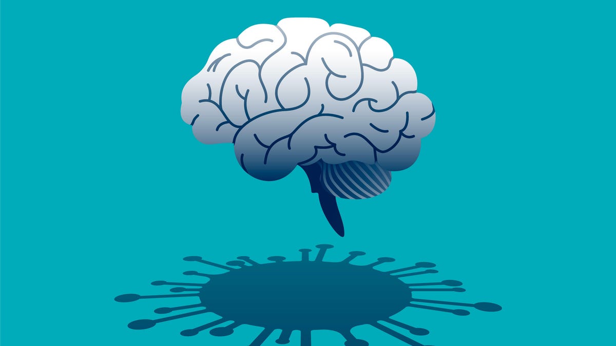A cartoon brain with a coronavirus shadow against a turquoise background