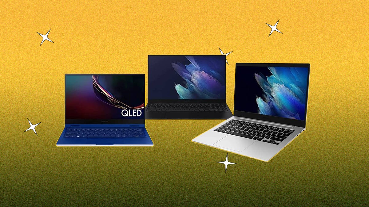 A plethora of Samsung laptops are displayed against a yellow background.