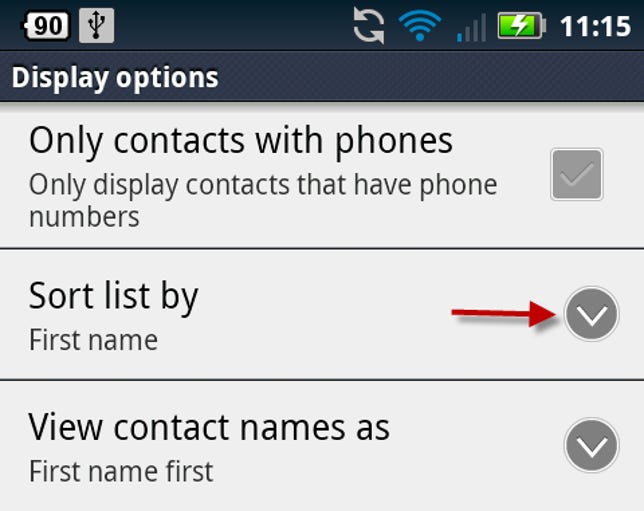 Contacts sort list by option