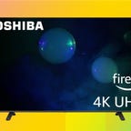 The Toshiba 75-inch C350 Series LED 4K Fire TV is displayed against a gradient orange and yellow background.