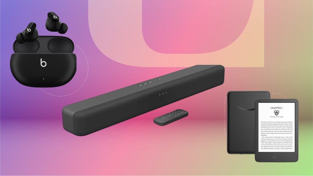 earbuds, soundbar, and kindle against a purple, pink and green gradient