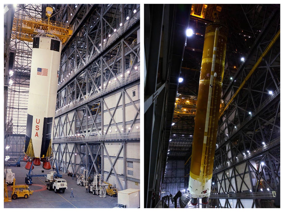 On the left, the Saturn V first stage hangs at an angle inside a big building. On the right, SLS core stage strikes a similar pose.