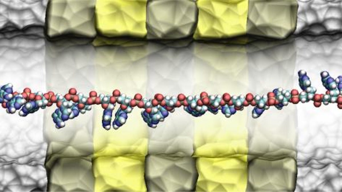 This illustration shows a strand of DNA traveling through a nanopore. With IBM's approach, some layers periodically stop the DNA strand while another measures its properties to determine its genetic information.