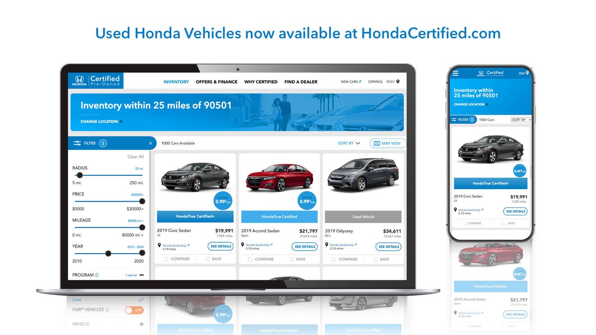 Honda vehicle listings on HondaCertified.com