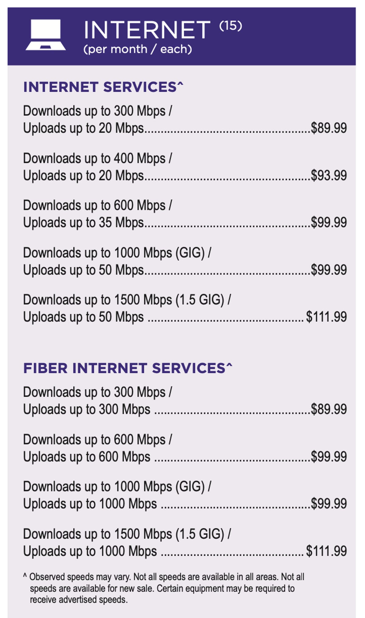 Internet rate card from Astound Broadband.