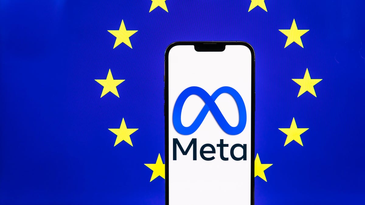 Meta logo on a phone screen, with the EU flag in the background