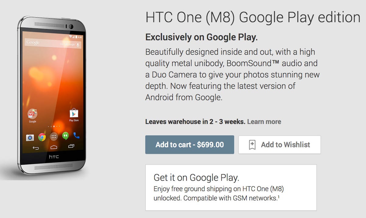 The Google Play edition of the HTC One M8 shown on sale at Google's site.