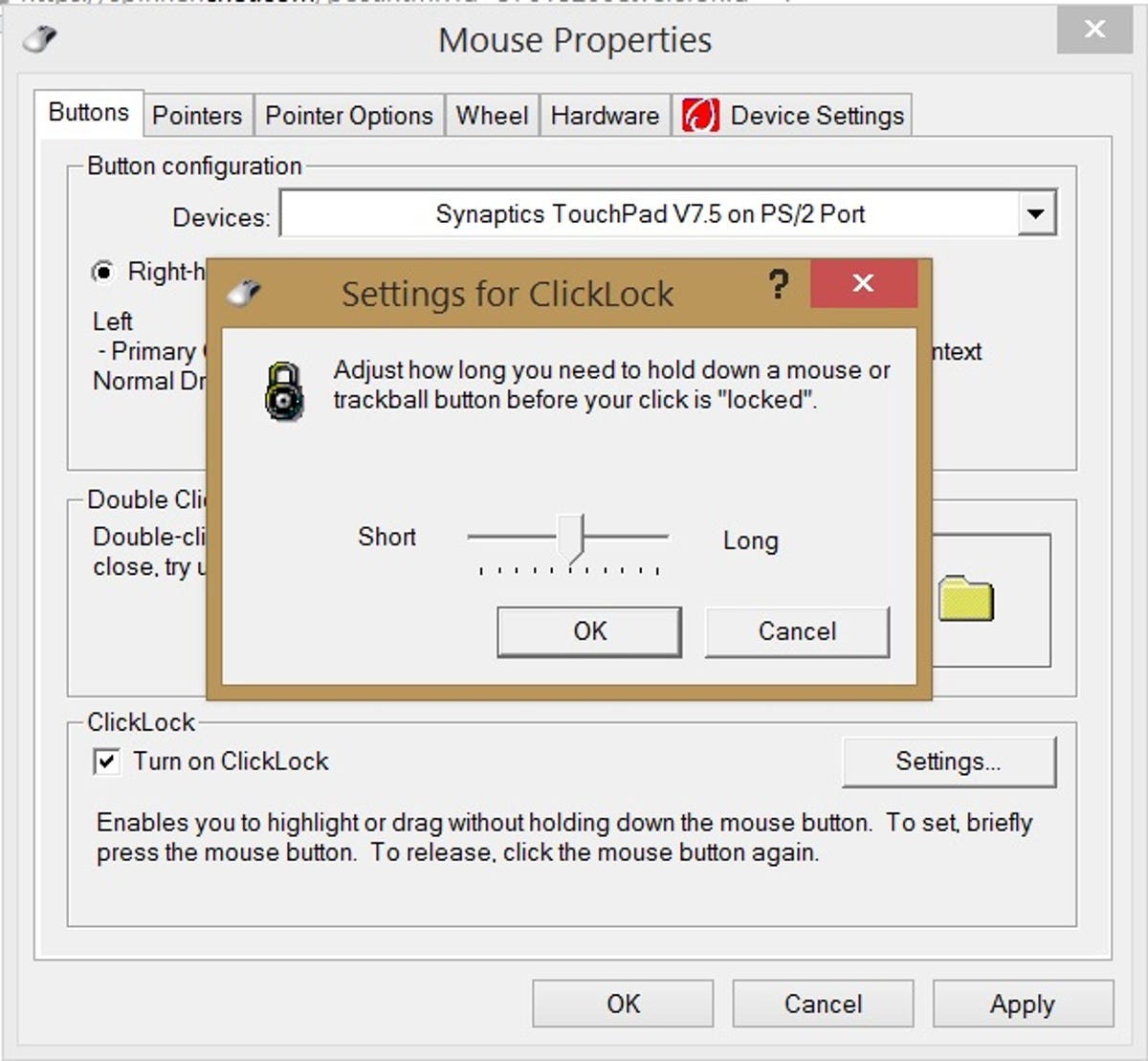 Windows 8.1 Mouse Properties ClickLock duration setting