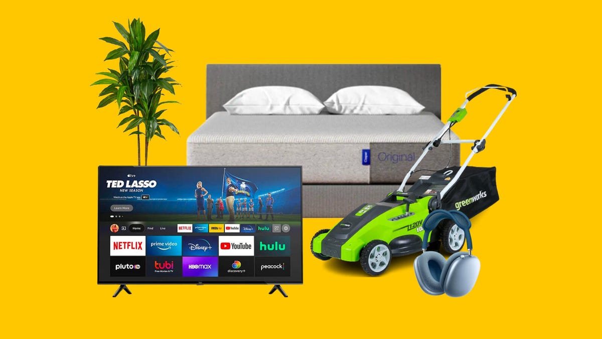 Collage of products featuring house plant, casper mattress, Fire TV, AirPods Max, and Greenworks mower