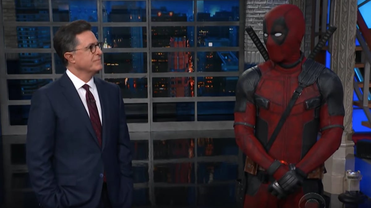 Deadpool on stage for The Late Show with Stephen Colbert. 