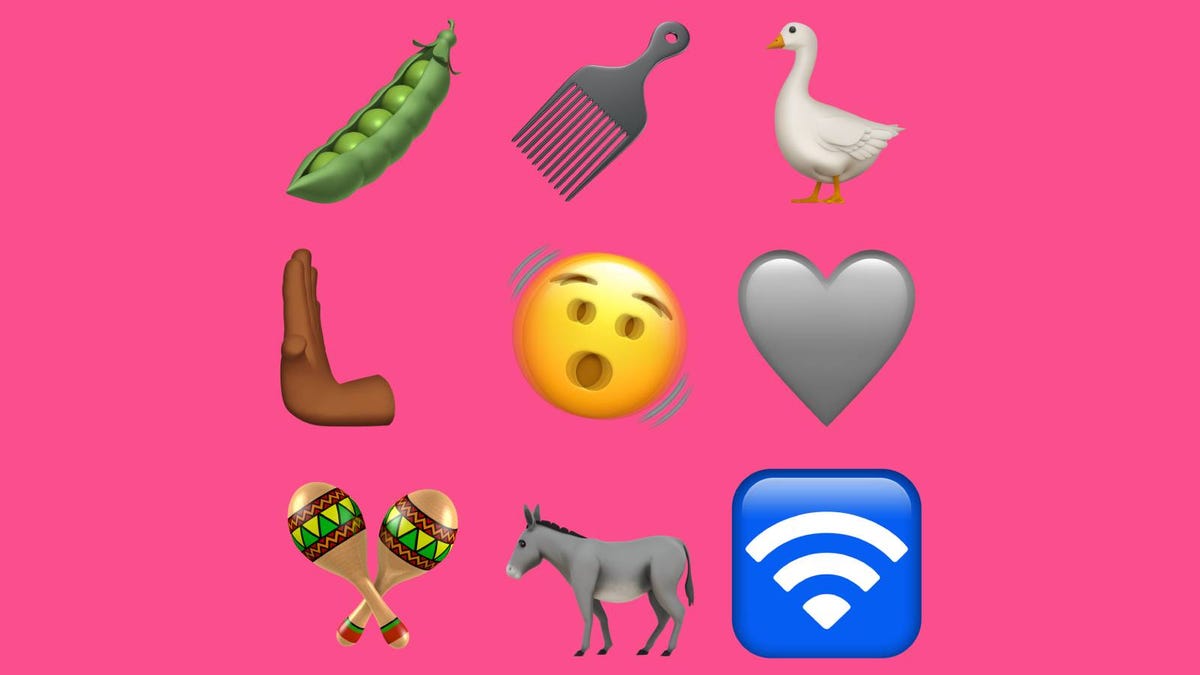 9 dos novos emojis, organizados em uma grade em um fundo rosa: ervilha, picareta, ganso, mão, sorridente, coração cinza, maracas, burro, sinal wi-fi