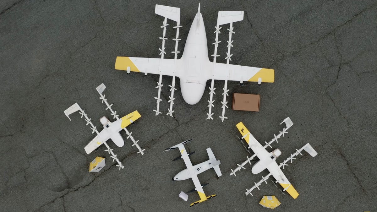 A top-down view of small, medium, and large Alphabet Wing delivery drones