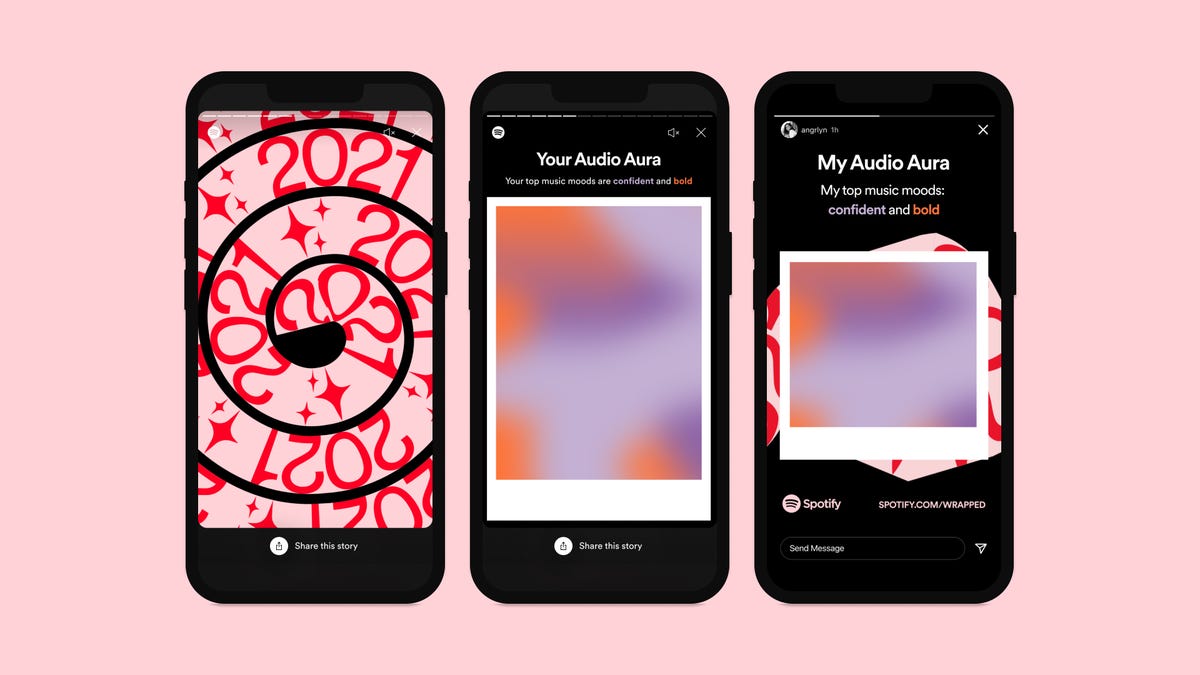 Three phone screens display Spotify user interfaces