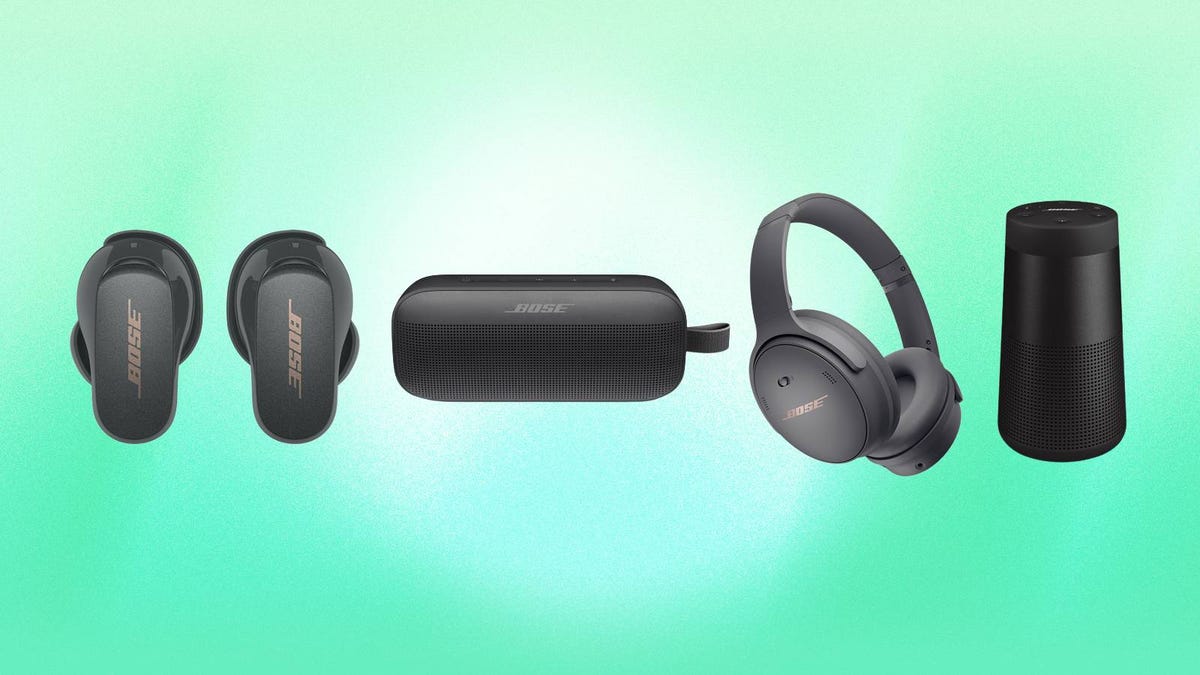 The Bose QuietComfort Earbuds II, Bose SoundLink Flex Bluetooth Speaker, Bose QuietComfort 45 and Bose SoundLink Revolve II Bluetooth Speaker are all displayed against a mint background.