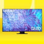The Samsung 85-inch Q80C QLED 4K Tizen TV is displayed against a gradient yellow background.