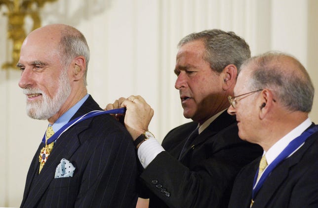 Vint Cerf gets Presidential Medal of Freedom from President George W. Bush.