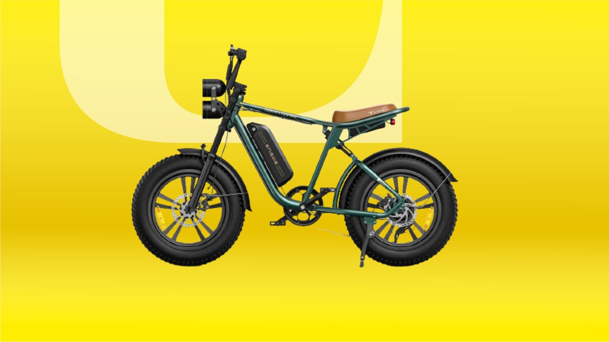 Green Engwe e-bike with black wheels against yellow gradient