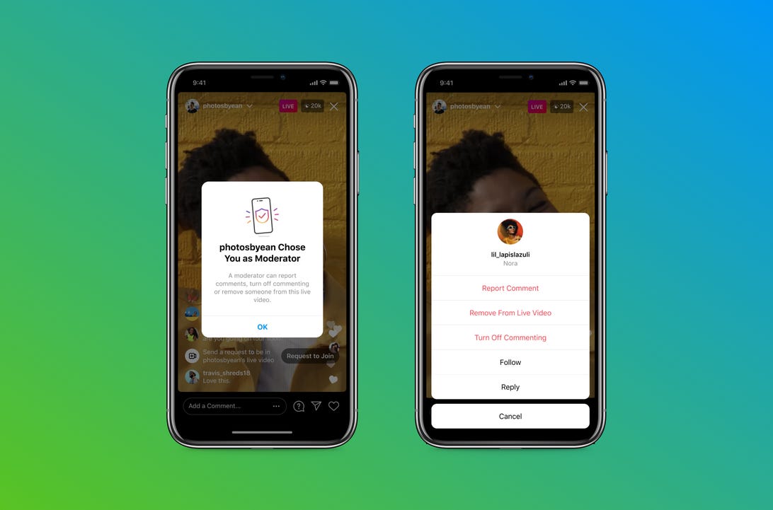 Screenshots zeigen die neue Funktion von Instagram Live, mit der Streamer ein anderes Konto zuweisen können, um Kommentare zu moderieren, während sie frei streamen.