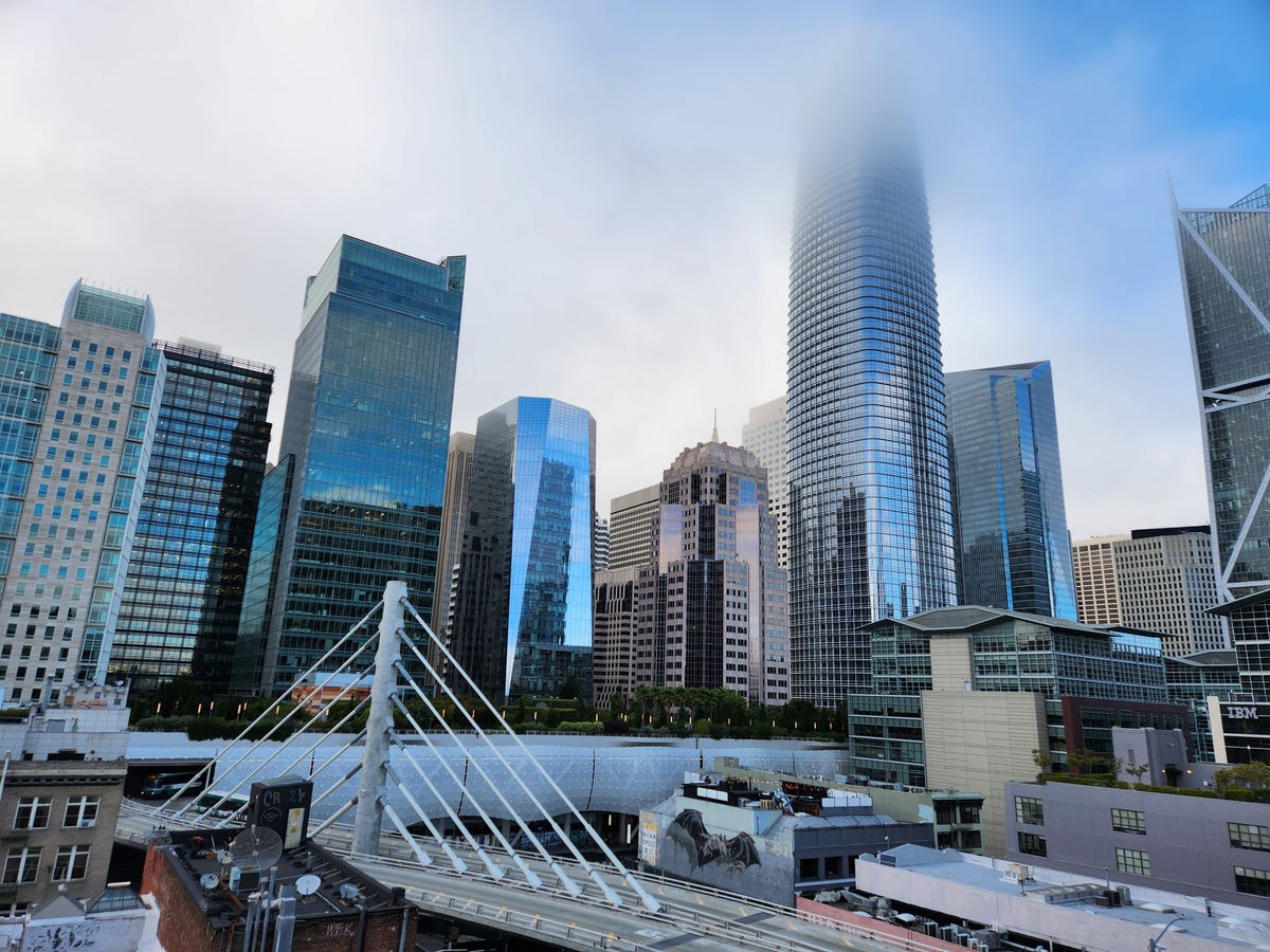 Salesforce Tower covered in fog