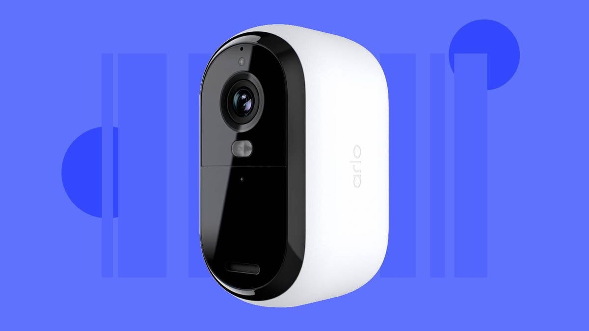 A white and black Arlo security camera against a blue background.