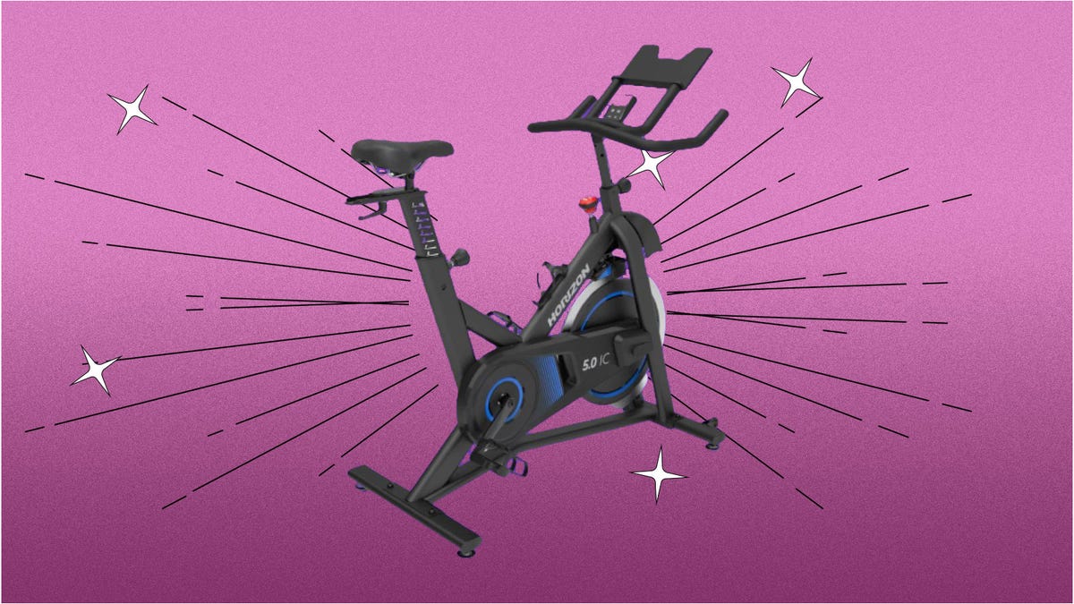 A black Horizon Fitness exercise bike against a purple background.