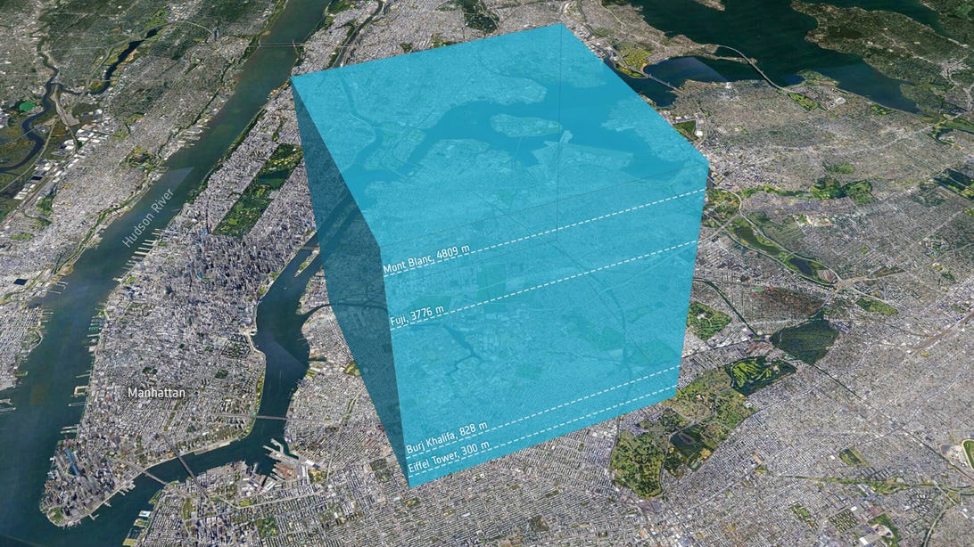 Graphic visualizing how much water was released by iceberg A-68A into the ocean compared with the island of Manhattan.