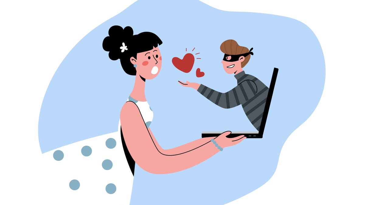 Cartoonish illustration of a rosy-cheeked woman in a polka-dot dress, holding a laptop. Her mouth is open in alarm as a grinning and masked hacker in a striped shirt pops out of the screen and confronts her. A couple of Valentine's hearts drift between them.
