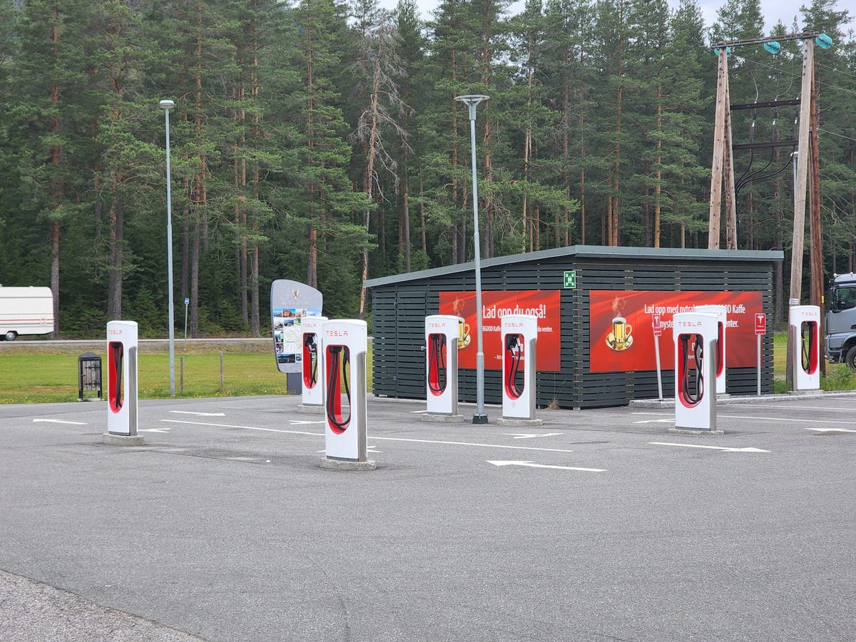 A bank of Superchargers, positioned such that a tow vehicle could pull straight through.