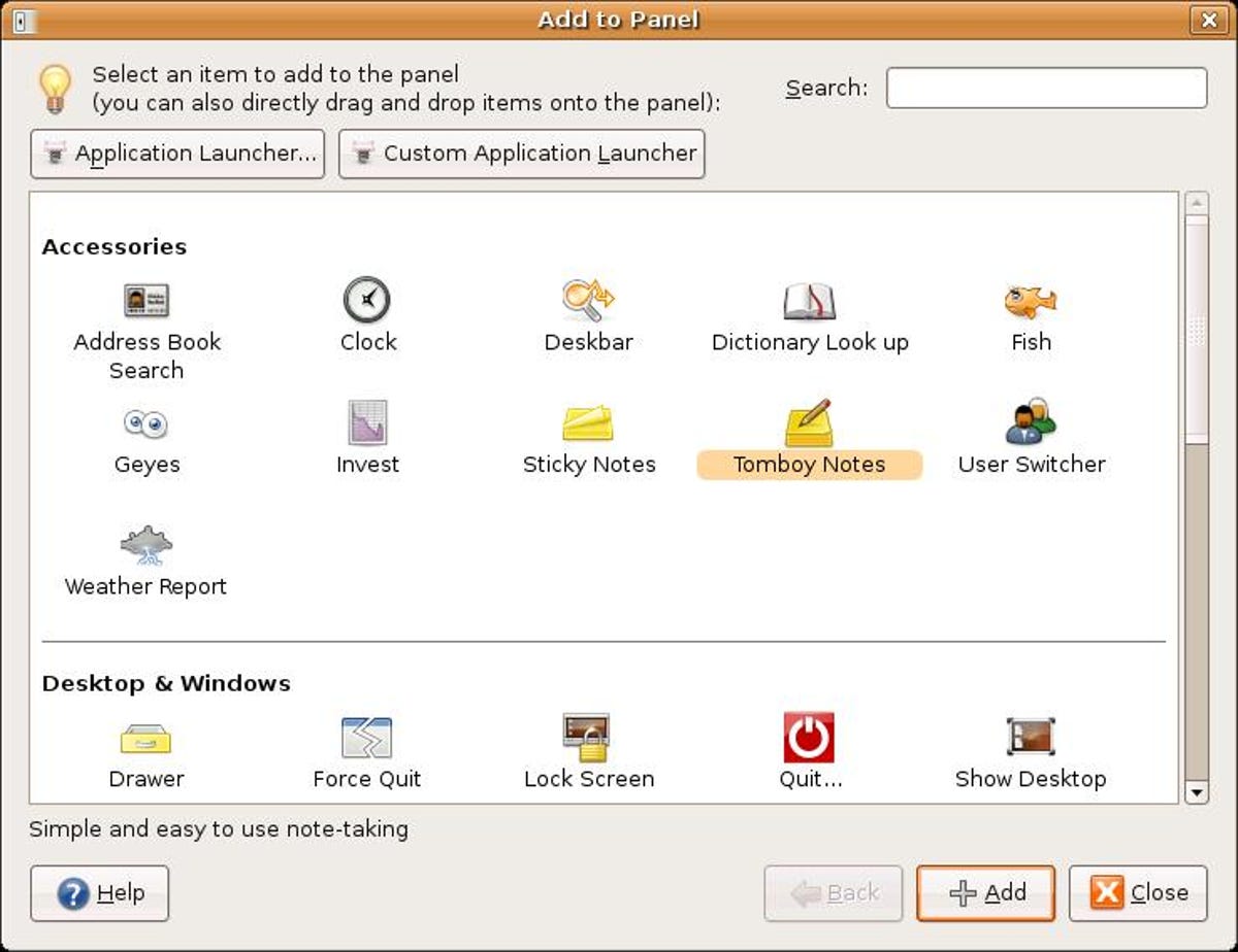 Ubuntu's Add to Panel dialog box