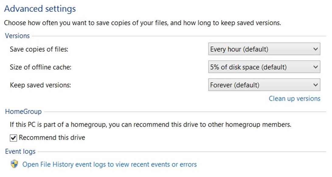Windows 8 File History Advanced Settings