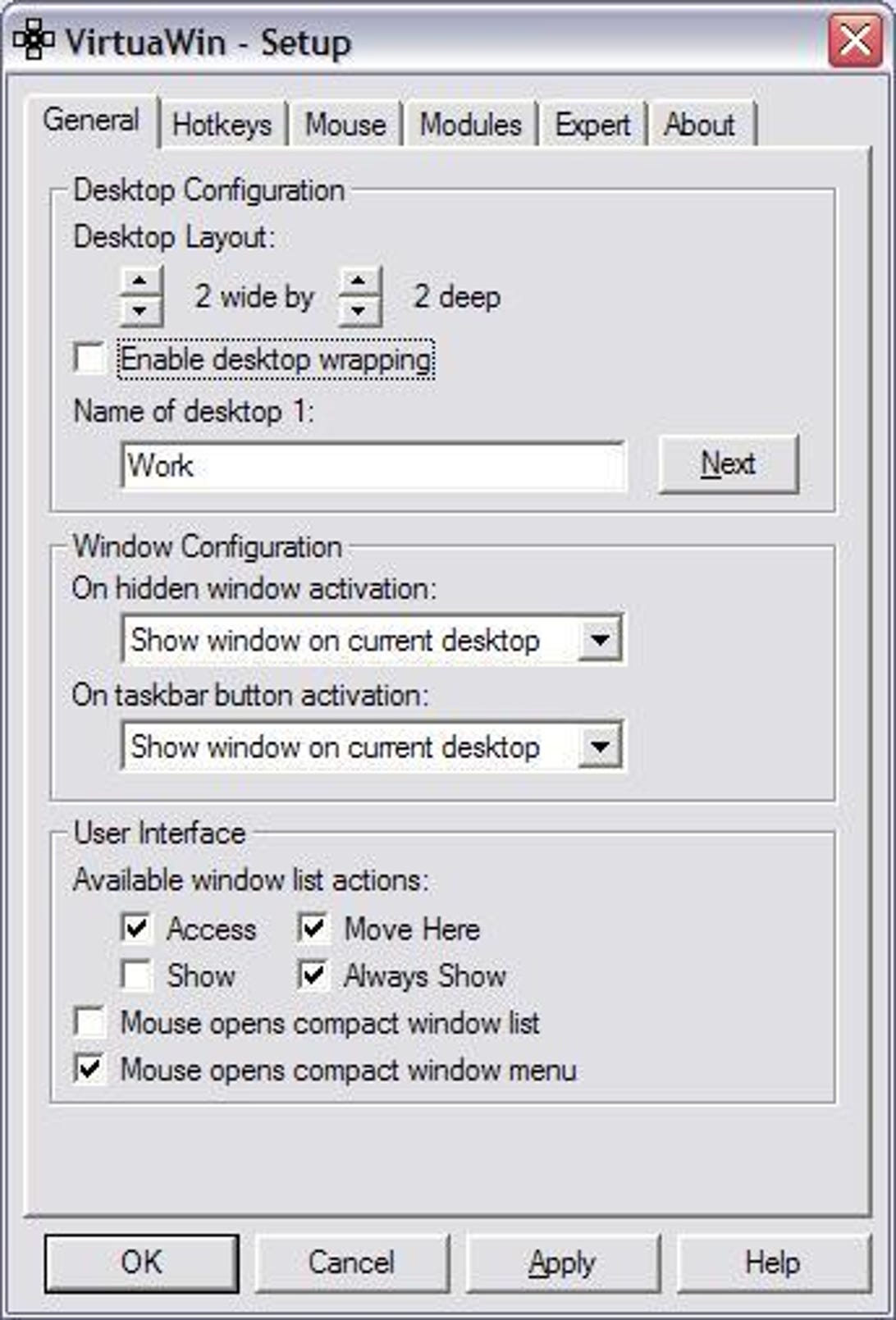 The Setup dialog box in the VirtuaWin virtual-desktop program