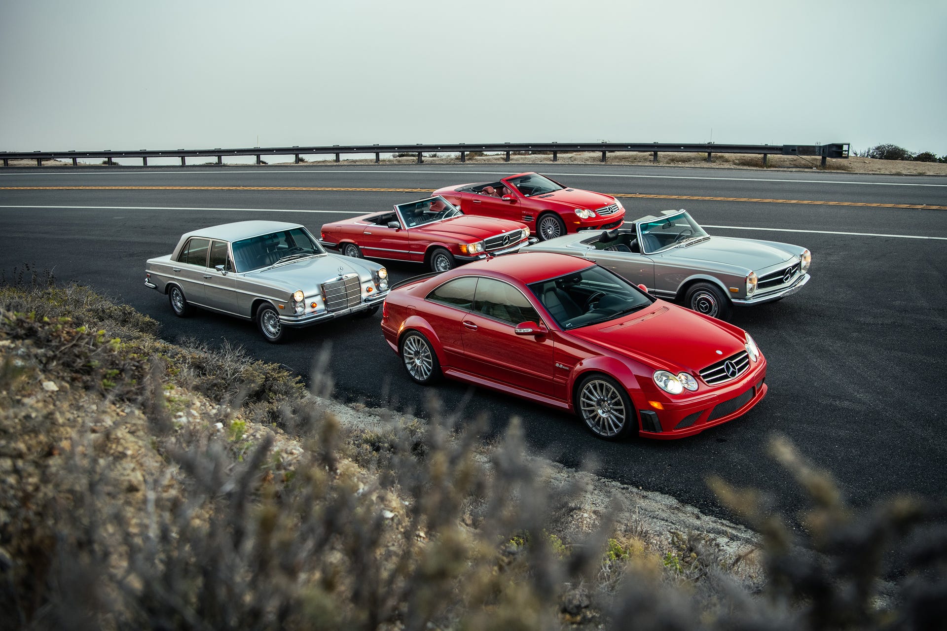 Mercedes-Benz CLK63 AMG Black Series with four other Mercedes, including vintage ones