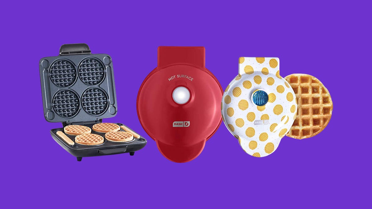 Several models of Dash waffle makers are displayed against a purple background.