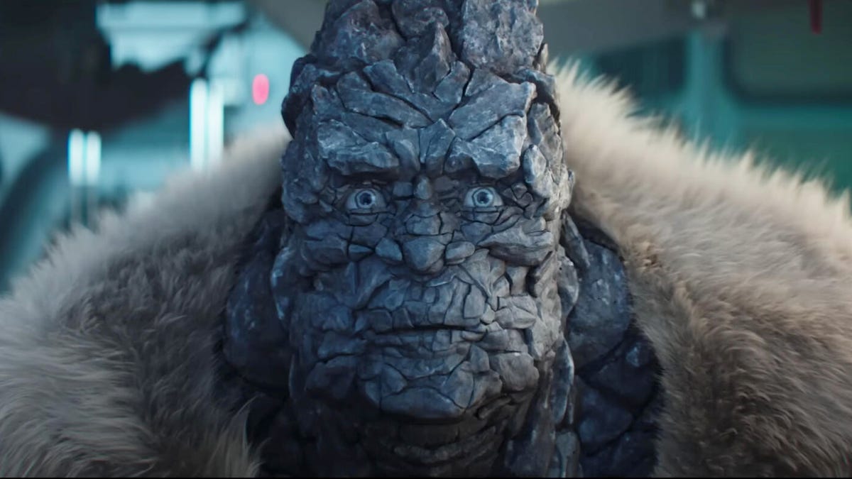 Close-up of Korg the rock monster wearing a furry coat