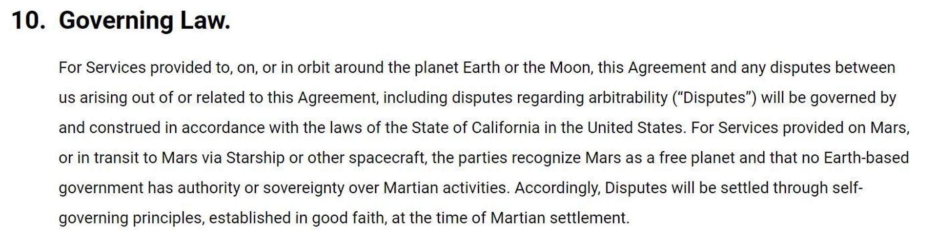 Section of Starlink's terms of service agreement referencing Mars