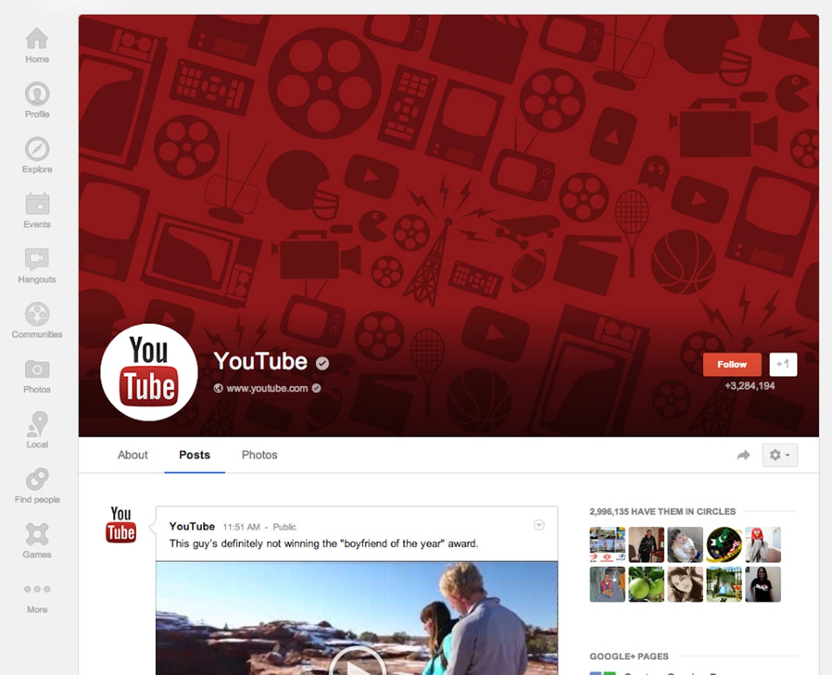 YouTube's updated Google+ profile shows off the larger cover photo.