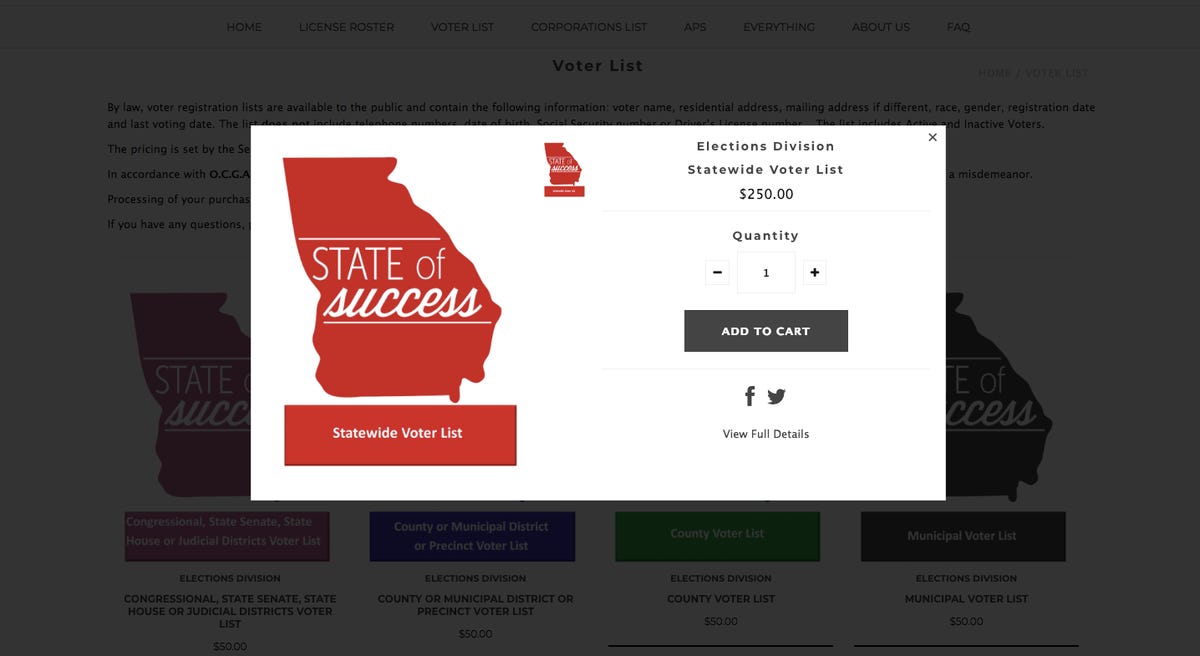 Graphic showing an outline of Georgia and information about purchasing that state's voter list.